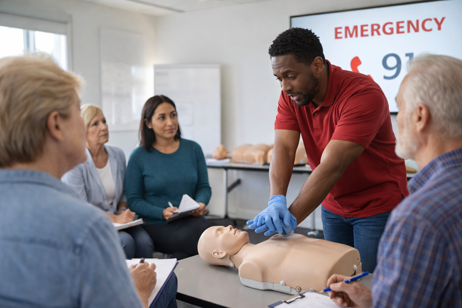 Instructor demonstrating CPR during a community training class
