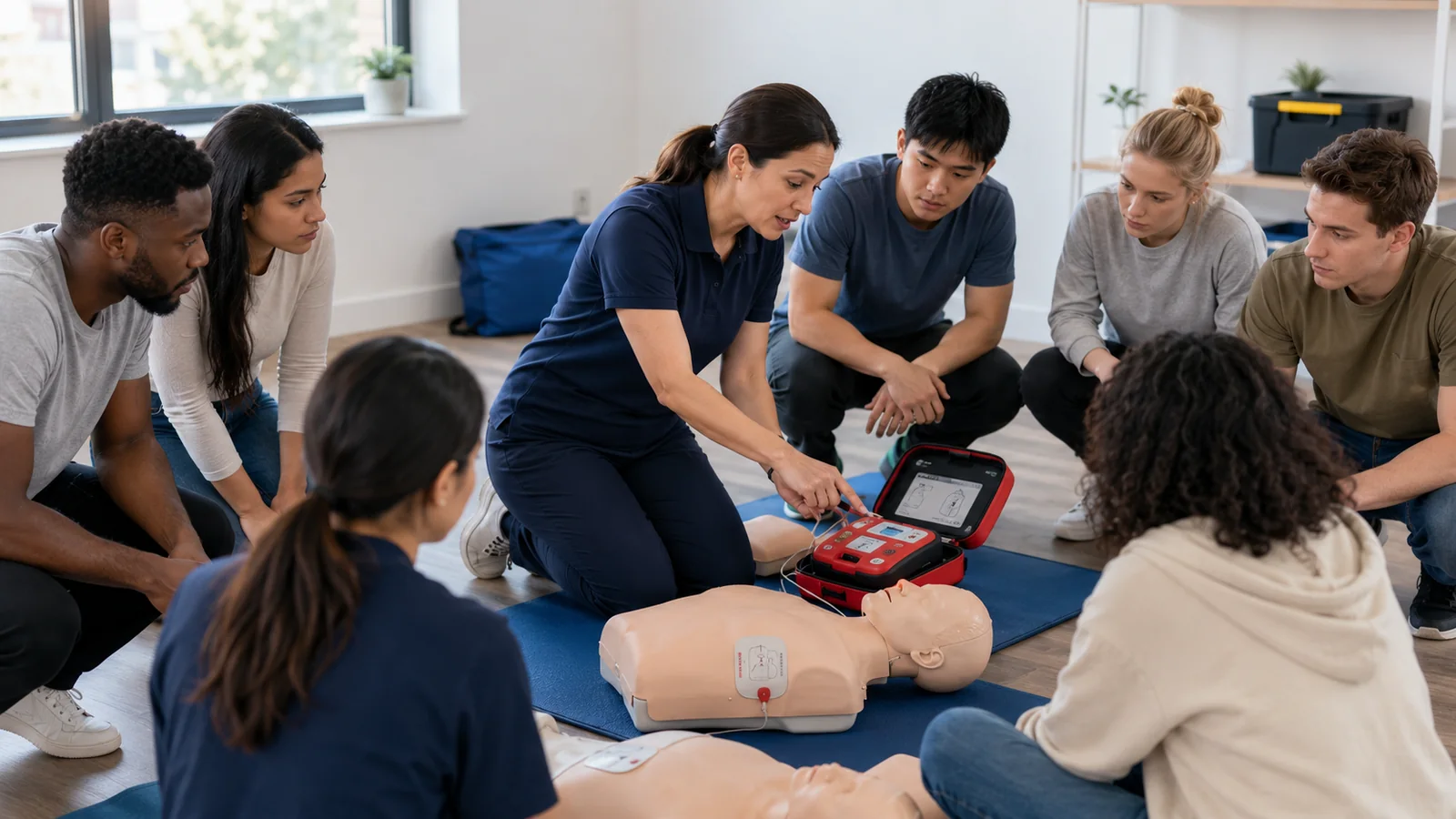 Community members participating in CPR, first aid, and AED training.