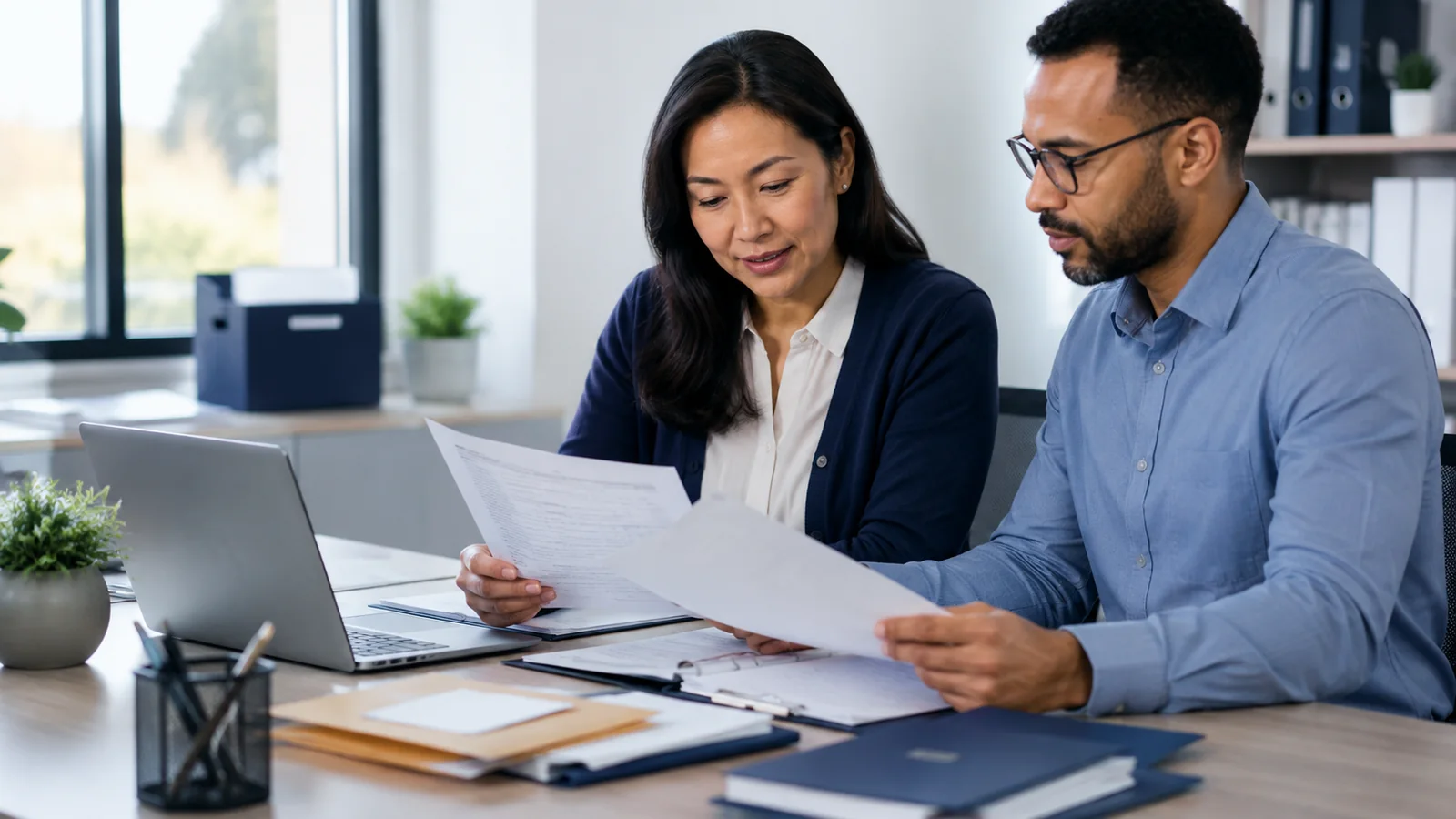 Small-business owners reviewing official documents